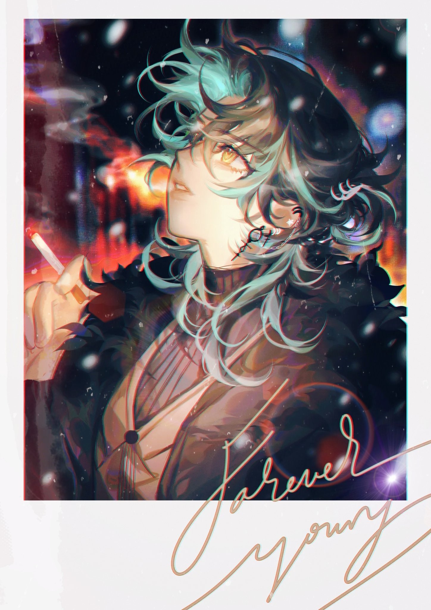 the image is a digital painting or illustration of an animestyle female character.  she has long, wavy teal and dark hair, wears glasses, and is depicted smoking a cigarette. she's dressed in a stylish dark jacket or coat.  the background is a blurred, atmospheric city scene at night, possibly snowing. the overall style is elegant and mysterious. the artwork has a "forever young" signature added, presented in a polaroidstyle frame.