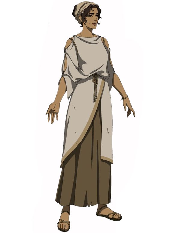 the image is a fullbody illustration of a stylized female character, likely from an anime or animation production. she appears to be an adult woman with olive skin and dark brown curly hair partially covered by a lightcolored headband. her clothing is reminiscent of ancient greek attire; a loosefitting, offwhite tunic with short sleeves and a brown underskirt or wrap, belted at the waist. she is wearing simple brown sandals.  the overall style is somewhat cartoonish, but with detailed shading and rendering, suggesting a level of sophistication in the artwork. the background is plain white, focusing attention entirely on the character.