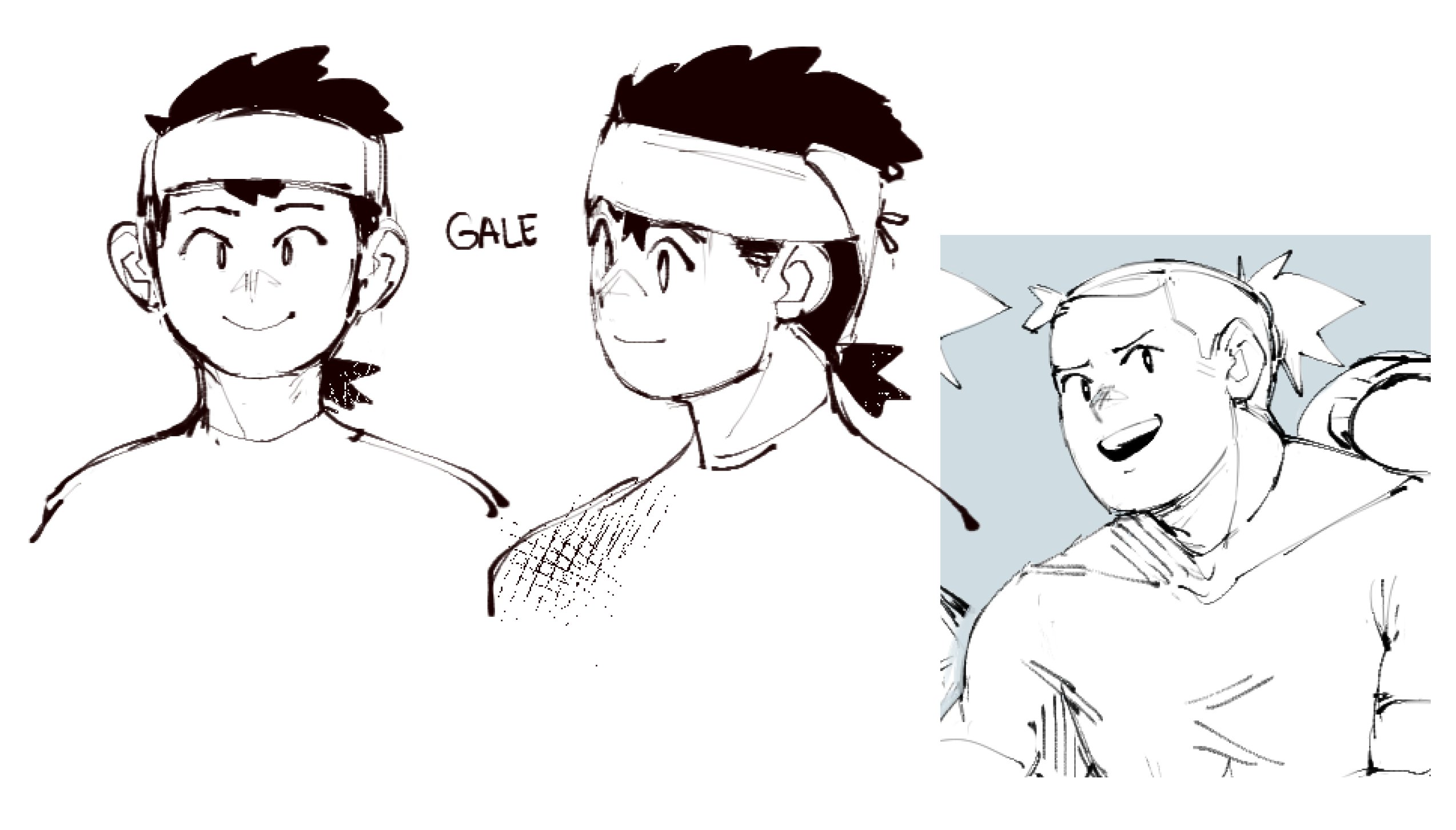 a sketch of three anime/manga boys, two facing the left and one facing the right. one of the boys is labeled "gale." they are all smiling, and the boy labeled "gale" appears to be talking to the boy on the left, which has a hand pointing at him. the boy on the right has his arm around the boy on the left. they are all wearing casual clothing and have headbands. the image is in black and white and has a rough, sketchy style.