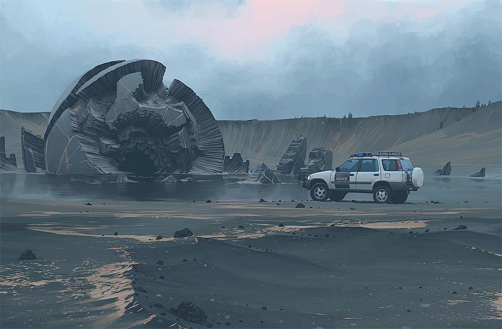 a white suv vehicle labeled “hencx” drives along a dark grey sandy, mountainous, desert landscape. the vehicle is driving past a massive grey, broken, rock formation that resembles a dome. the sky is light grey with wispy clouds and a pink tint.  the scene appears to be futuristic, post apocalyptic, and mysterious.