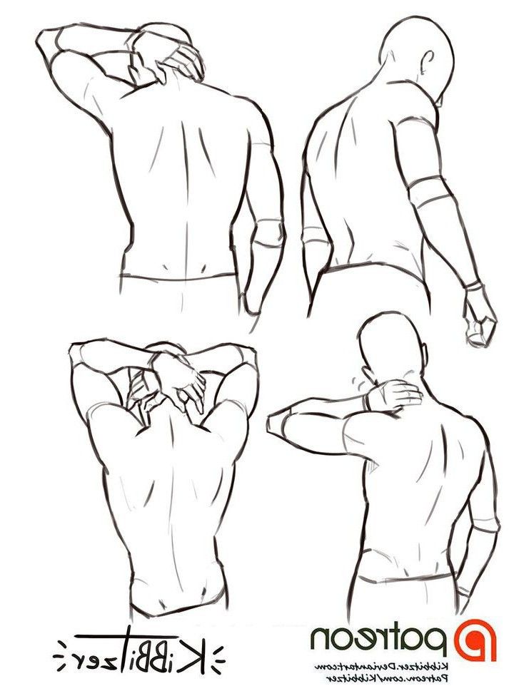 this image features four different sketches of male figures in various poses, showcasing the back of the body. the sketches are drawn in a simple, lineart style, focusing on the anatomy and structure of the back muscles and torso. each figure is depicted in a different pose, revealing the flexibility of the human body and providing a reference for artists studying anatomy and drawing.