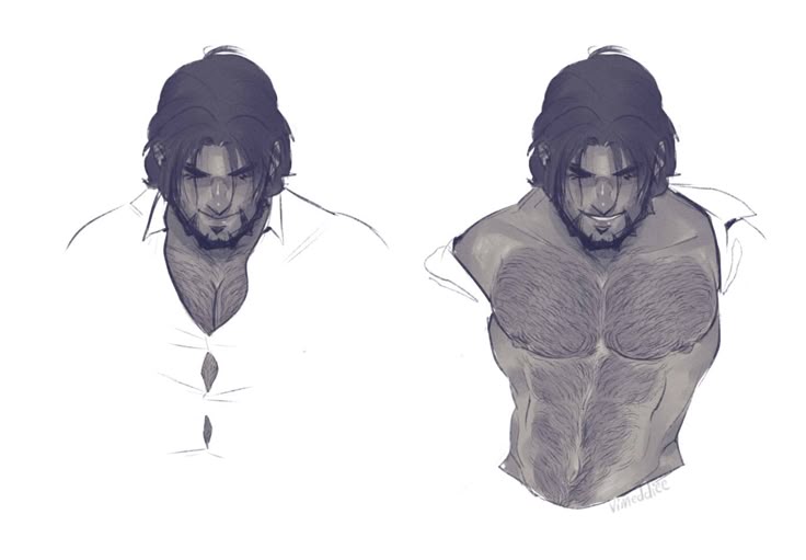 the image shows two sketches of a man with dark hair and a beard. in one, he wears an open white shirt, and in the other, he is shirtless, revealing his muscular chest and abdomen covered in hair. the drawings are in a sketch style, and the artist's signature, "vionedditee," is visible in the corner of the shirtless sketch.