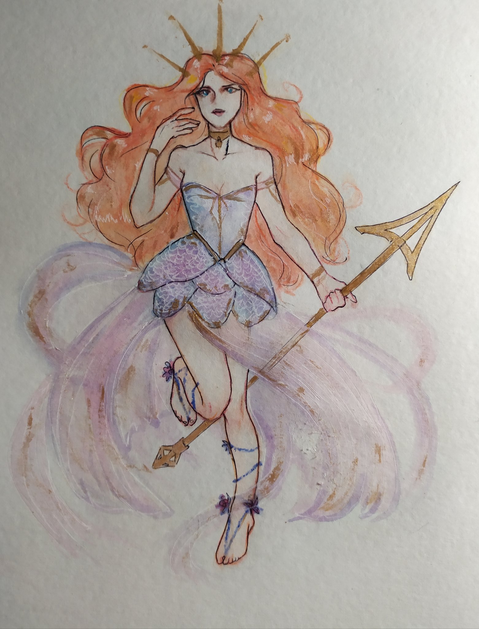 a watercolor painting depicting a woman with long flowing red hair wearing a crown and a flowing dress, she appears to be holding a spear. she is ethereal and magical, with an air of power and grace. the art style is reminiscent of fantasy and mythology.  the painting has a whimsical and enchanting atmosphere.