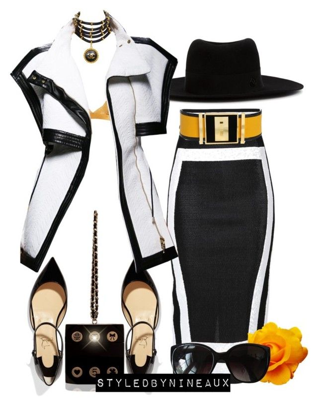 an image of a styled outfit featuring a white jacket with black trim, a black and white pencil skirt with a yellow belt, a black fedora hat, black highheeled shoes, a gold layered necklace, a black handbag, black sunglasses, and a yellow rose. the words "styledbynineaux" are on the bottom of the image.