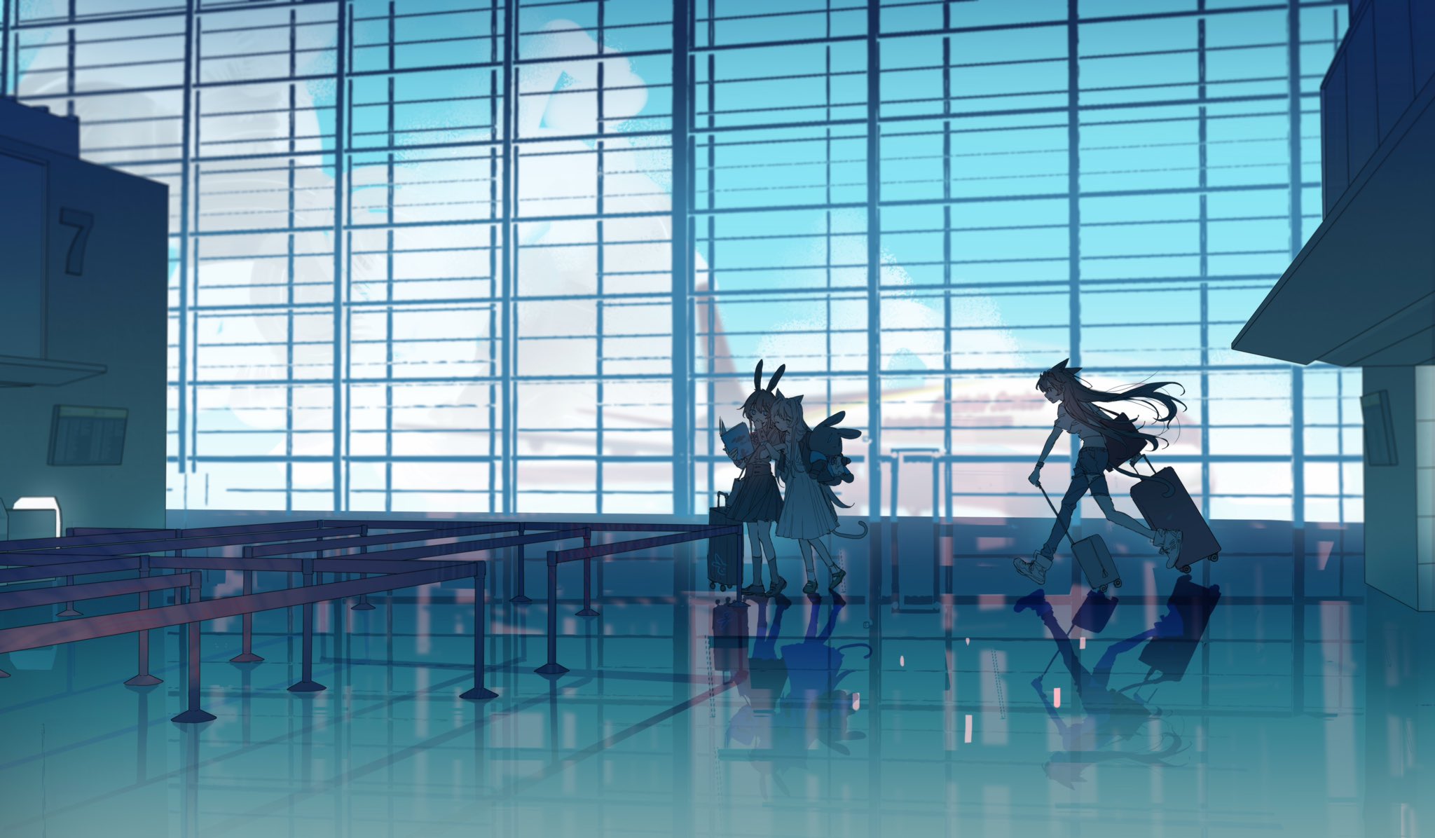 an animestyle image of an airport waiting area. three anime characters are present: two standing together looking at a book, and one walking with luggage. large windows provide a view of the sky outside. reflections of the characters and surrounding structures are visible on the shiny floor. the waiting area includes luggage carousels.