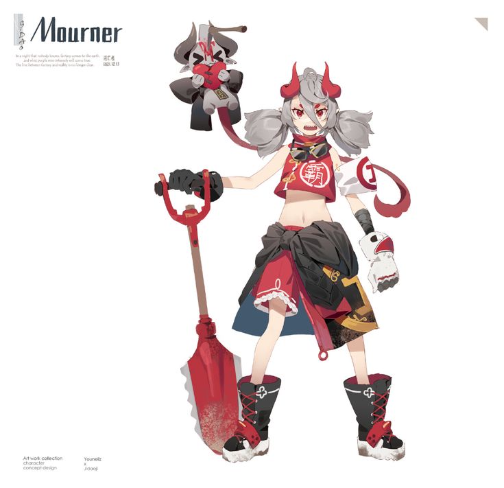 he image is a digital artwork featuring an animestyle female character. she has grey hair, red horns, and is wearing a red and black outfit with traditional chinese elements.  she wields a large red shovel and is accompanied by a smaller, chibilike character resembling a demon holding a heart. the art style is vibrant and detailed, blending fantasy elements with a slightly darker, possibly melancholic theme hinted at by the title "mourner."  the overall visual style is polished and professional, suggesting concept art for a game or similar project.