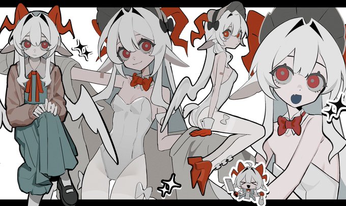 the image is a digital character design sheet featuring a young anime girl with goatlike features. she has white hair, large red eyes, and red ribbons resembling horns.  she is shown in several poses and outfits, including a casual outfit with a skirt and sweater, a bunnyinspired bodysuit, and a more suggestive outfit with thighhighs. the style is reminiscent of manga with exaggerated features and a limited color palette focused on black, white, gray, and red.  the background is plain white, emphasizing the character design itself.