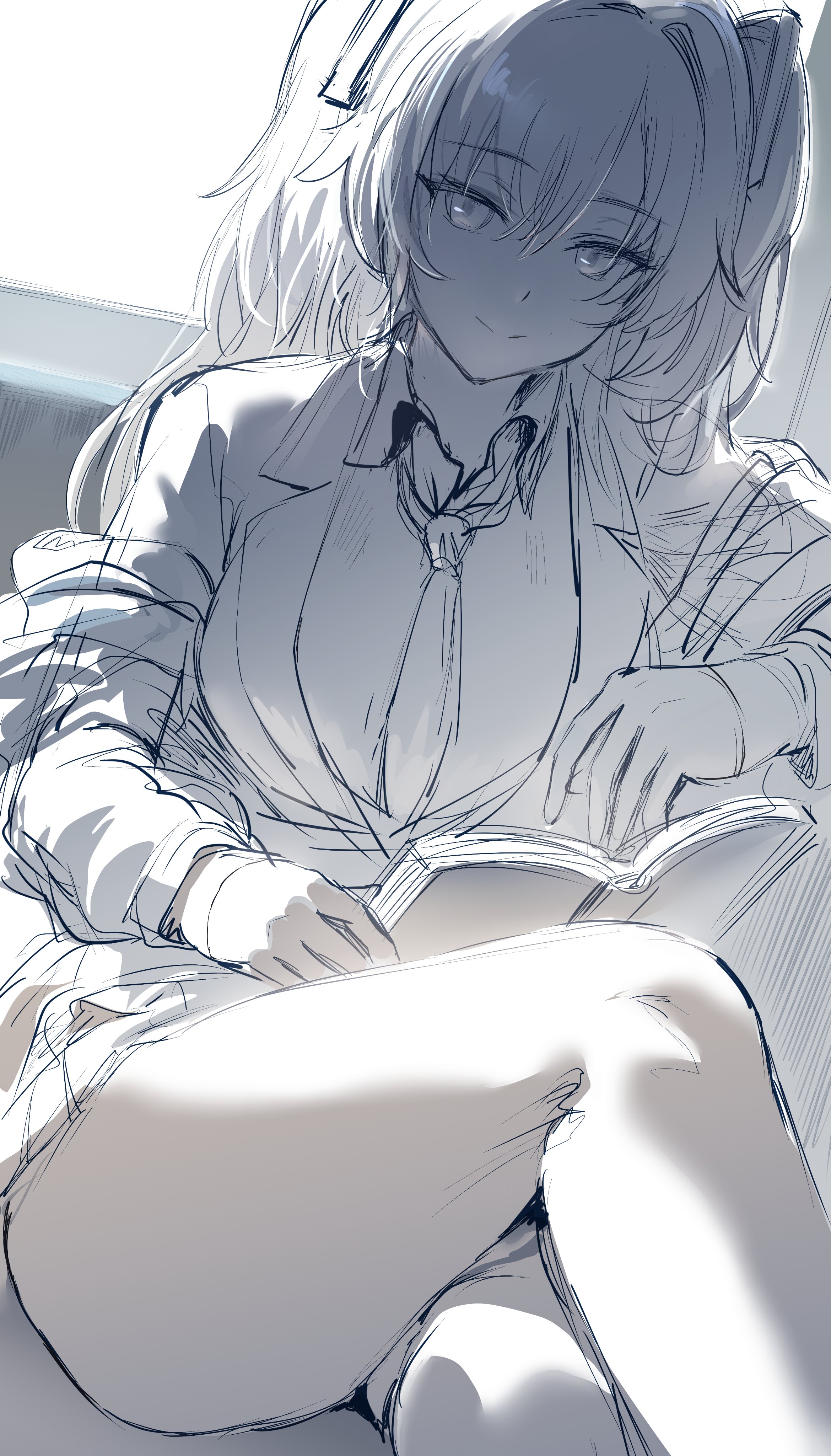 he image is a grayscale sketch of an anime girl with long white hair styled in a ponytail with bangs. she wears a school uniform consisting of a blazer, tie, and skirt. she is sitting and reading a book, with her legs crossed. the drawing style is loose and sketchy, with emphasis on light and shadow to create depth and volume. the overall mood is serene and peaceful.