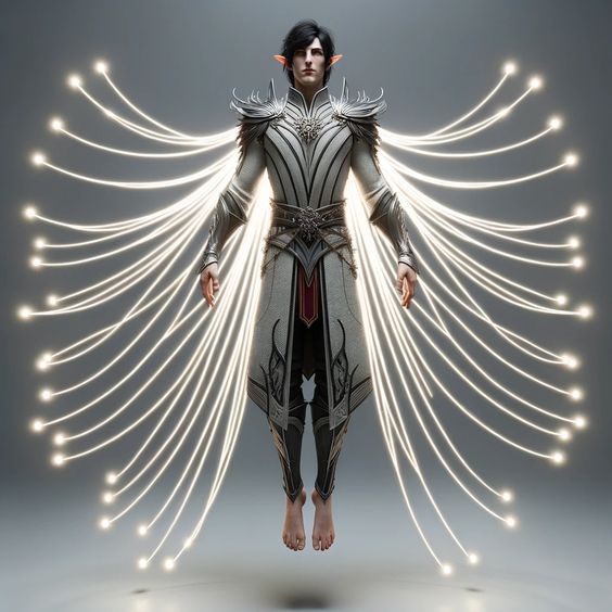 a digital illustration of an elf warrior with glowing white wings, levitating against a grey background. he is wearing a white and silver armor. he is looking directly at the viewer. he is a male character in a fantasy setting.  this is a 3d rendered illustration.