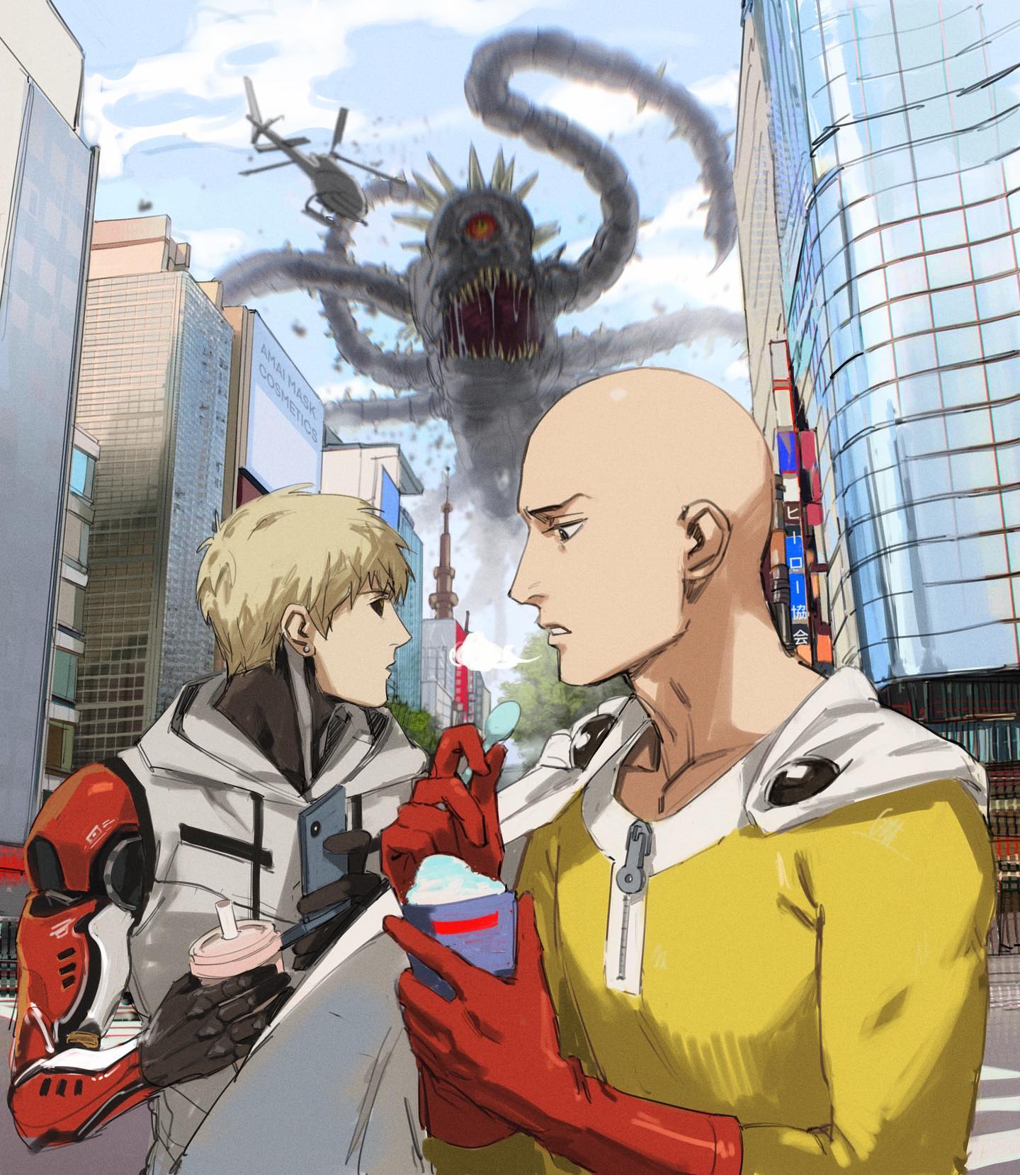 the image is fanart depicting saitama (onepunch man) and genos sharing ice cream in a bustling japanese city.  in the background, a large, menacing multitentacled monster looms, creating a stark contrast between the mundane activity of the heroes and the imminent threat. the style is consistent with the anime and manga aesthetic. saitama is shown in his signature yellow suit, while genos is recognizable in his partially mechanical form.  a helicopter is also visible in the upper left, suggesting an emergency response to the impending monster attack. the overall atmosphere is a blend of casual normalcy juxtaposed with impending chaos.