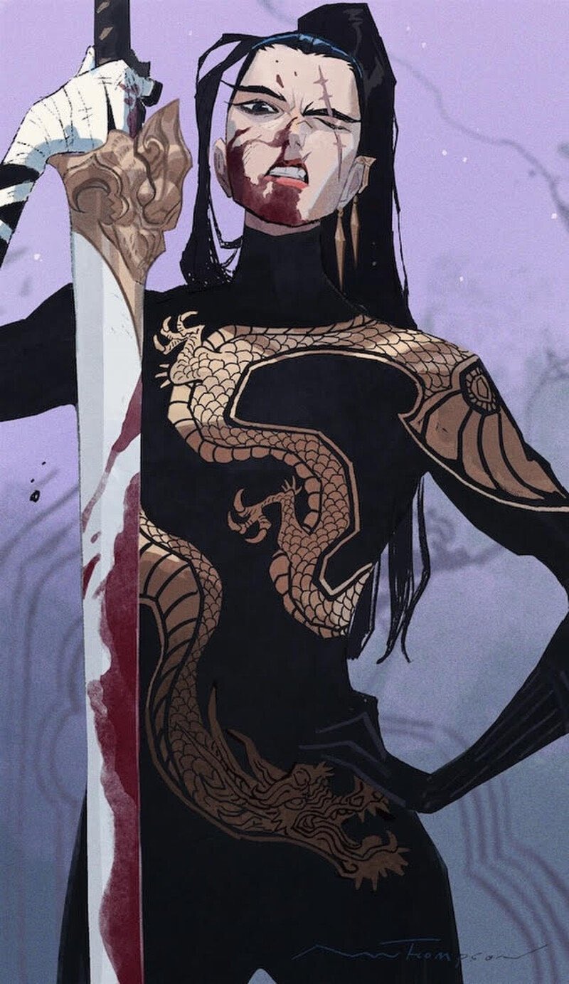 an illustration of a female warrior in black clothing with a dragon design and holding a katana sword, her face is smeared with blood and she has an angry look on her face.