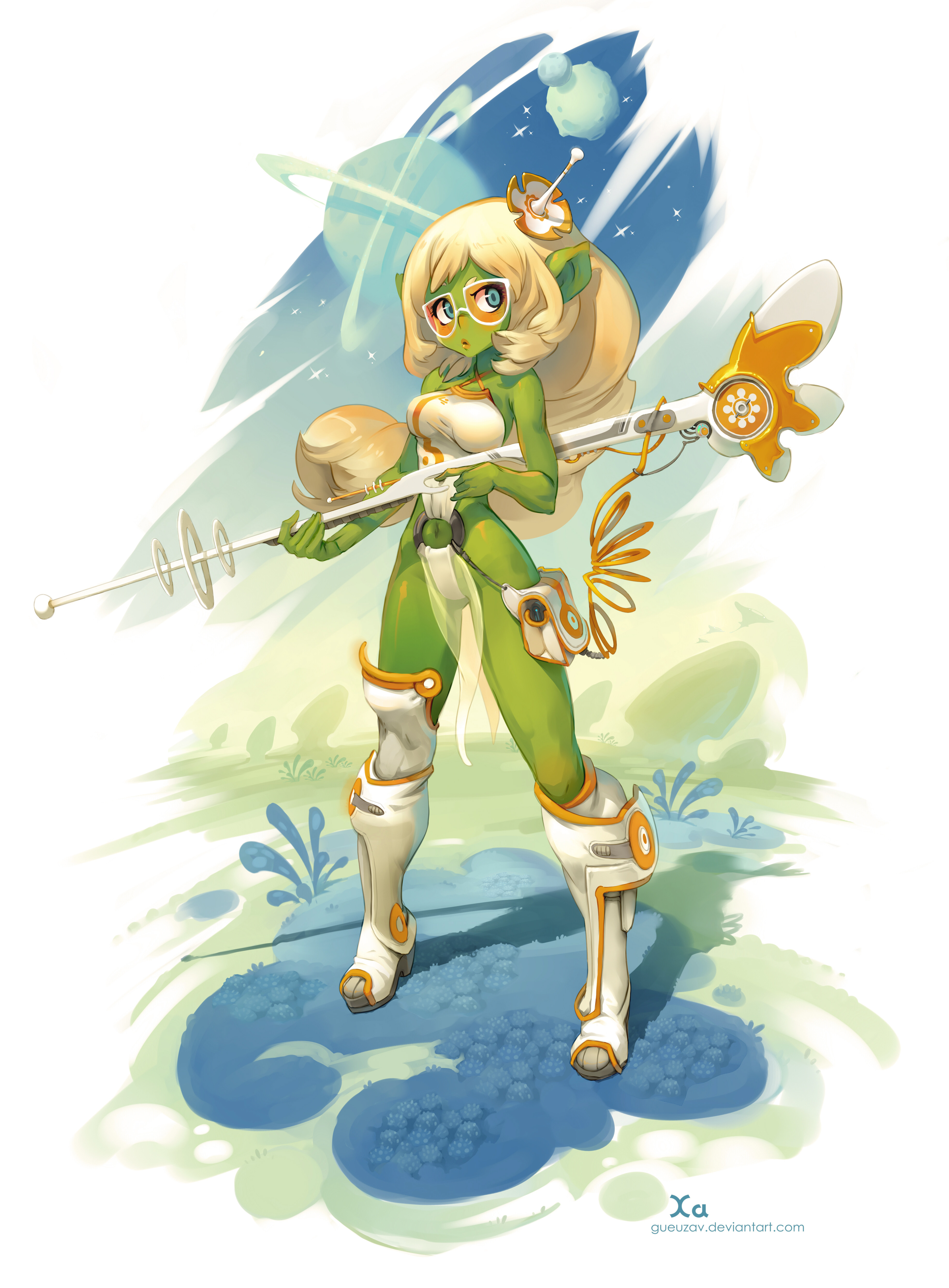 this is an animestyle illustration of a female character with green skin and yellow hair. she is wearing white armor with golden accents and holding a white and yellow weapon. she is standing on a blue and green platform with yellow flowers and plants in the background. the background is a light blue and white color. the overall style of the image is bright and colorful.