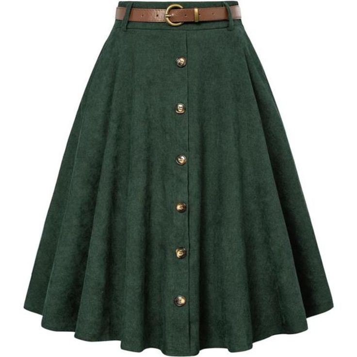 a green corduroy skirt with a brown belt. the skirt is aline and falls to the knees. it has a high waist and buttons down the front. the skirt is shown on a white background.