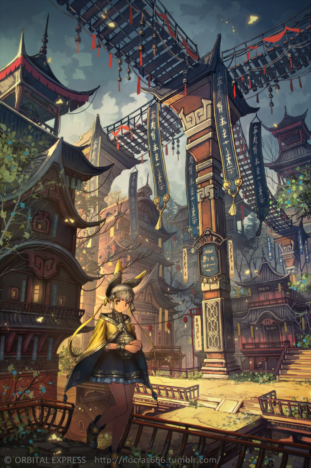 he image is a digital painting or illustration depicting a young animestyle girl in traditional east asian clothing standing on a walkway in a fantastical, detailed cityscape. the city is characterized by intricate, layered buildings with traditional asian architectural elements, such as pagodastyle roofs and ornate decorations.  a large, elevated structure with a complex network of bridges and walkways connects different parts of the city.  lanterns and other decorations adorn the buildings and the elevated pathways, creating a whimsical and slightly magical atmosphere. the girl is the focal point, standing quietly, and her outfit and the style of the city suggest a mix of modern and traditional aesthetics. the overall style is highly detailed and richly colored, capturing a sense of fantasy and wonder. the image evokes a feeling of both traditional and futuristic elements combined in a unique and visually compelling setting.