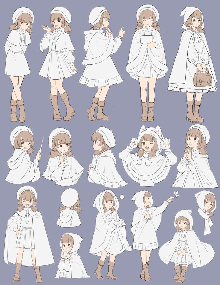 the image showcases a collection of sketches featuring the same female anime character in various poses and with slight variations in outfit details. the character is drawn in a manga style and wears a primarily white ensemble consisting of a dress, a cape or cloak, and a beret. she is depicted holding items like a wand, a book, and a bag, suggesting different activities or roles. the background is a solid, muted purplegray. the overall impression is whimsical and suggestive of a fantastical story.