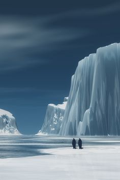 the image depicts a frozen landscape, likely in antarctica, with large icebergs looming in the background. two penguins stand on the icy foreground. the sky is overcast, and the overall scene is cold and desolate.
