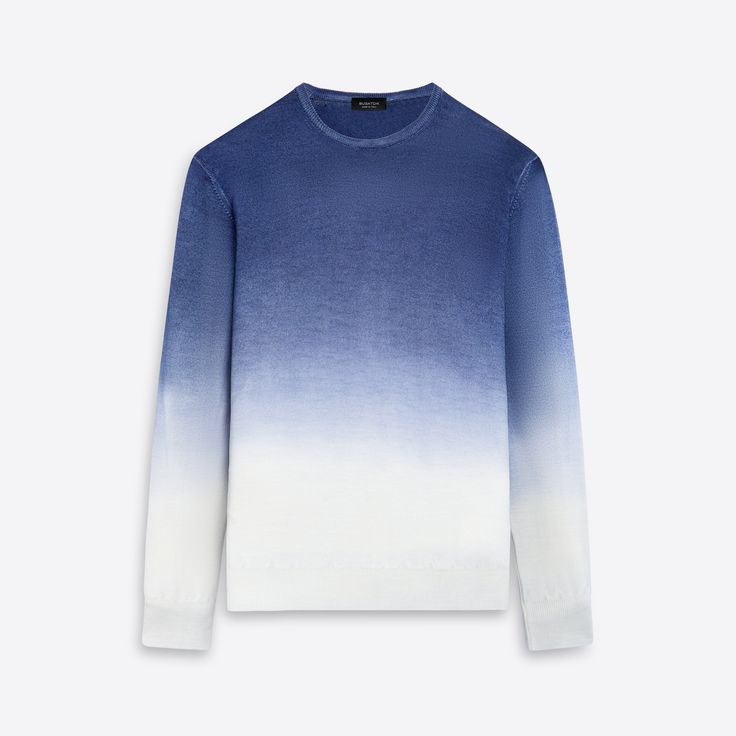 a men's blue and white ombre longsleeved crew neck sweater. the sweater is made of a soft, lightweight fabric and has a relaxed fit. it is a perfect casual wear option for the warmer months.