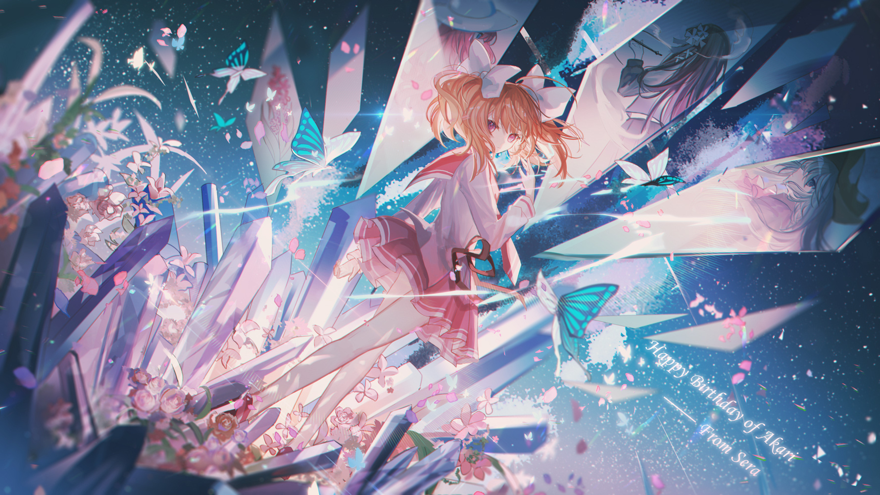 the image is a vibrant digital fanart depicting a young anime girl with orangeblonde hair styled in twin ponytails with large bows. she is wearing a pink and white sailorstyle dress and is positioned amidst a fantastical scene filled with glittering shards of crystal, pink and white flowers, and numerous iridescent butterflies.  the overall aesthetic is dreamy and magical. the background is a dark blue space sprinkled with glittering particles. in the background, there are other translucent figures visible behind the shards.  a text caption on the lower right reads, "happy birthday of akari from sera," indicating the image is a birthday greeting. the entire artwork has a soft, pastel color palette and a highly detailed and textured style.