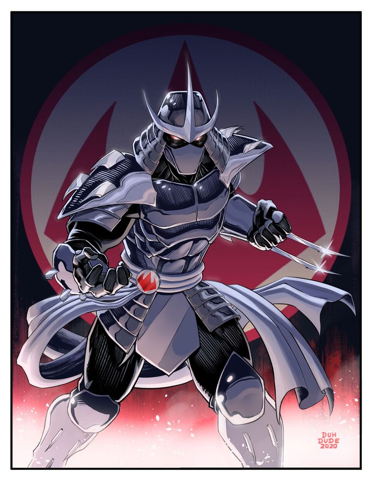 this is a digital illustration of shredder from the teenage mutant ninja turtles comic books and animated series. he is depicted as a fearsome samurai warrior, clad in black and white armor with a red symbol on his chest. he is holding a katana in his right hand and a pair of sai in his left. the image features shredder in a dynamic pose, with a background of red and white, suggesting a scene of battle or action.