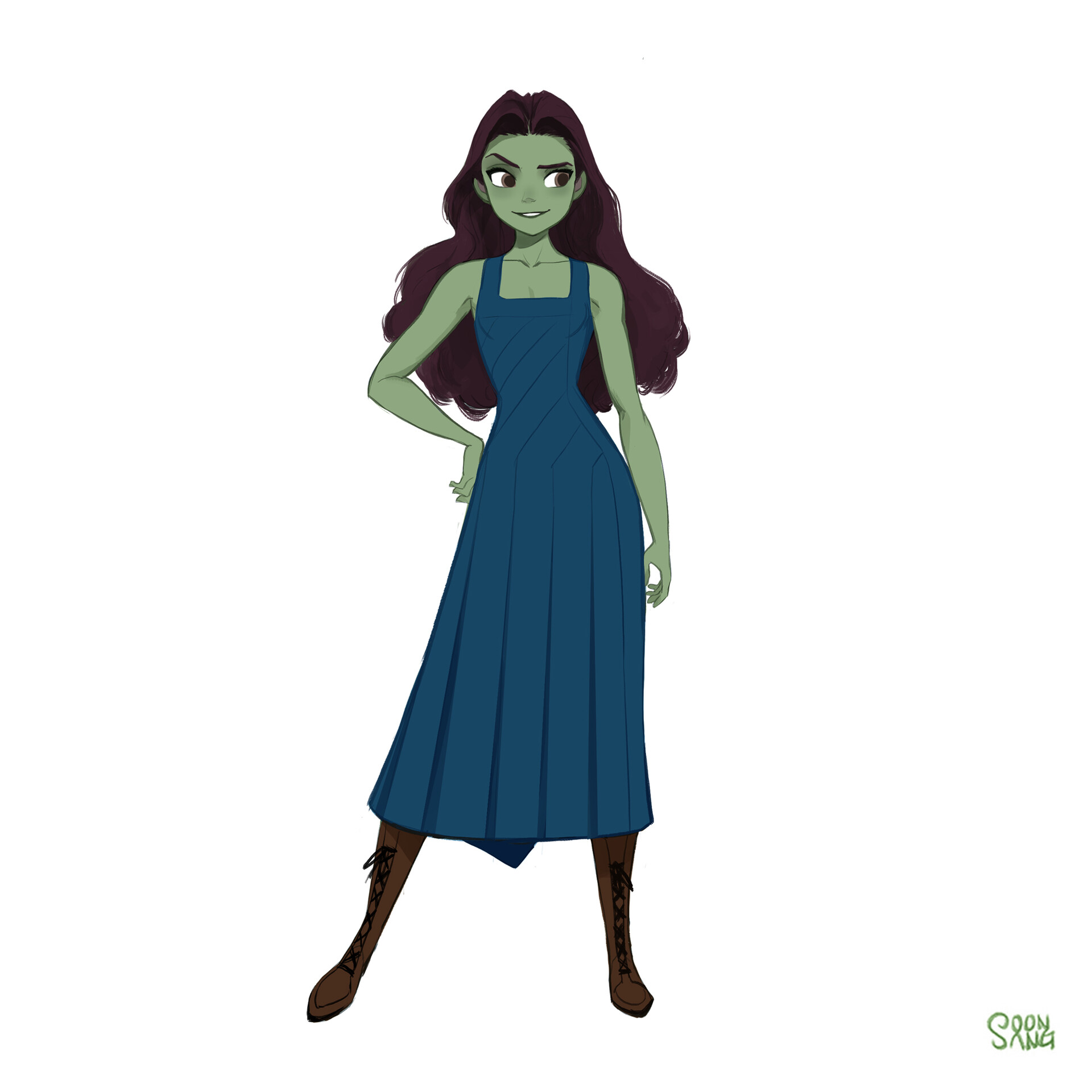 a digital illustration of a young woman with long, dark brown hair and green skin. she is wearing a long, blue dress with a brown belt and brown boots. she has a confident expression on her face. the background is white.