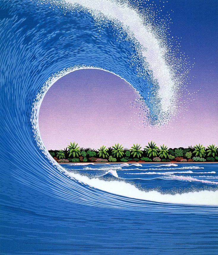a closeup view of a large, crashing wave in a vibrant blue hue. the wave is depicted as a stylized, almost geometric shape, with a white crest breaking over the top. the wave forms a large arch, revealing a background of a purplehued sky. behind the wave, a line of palm trees are visible on a small island, indicating a tropical setting. the image is stylized and graphic, with a minimalist aesthetic. it is a digital artwork that could be used as a print, poster, or wallpaper.