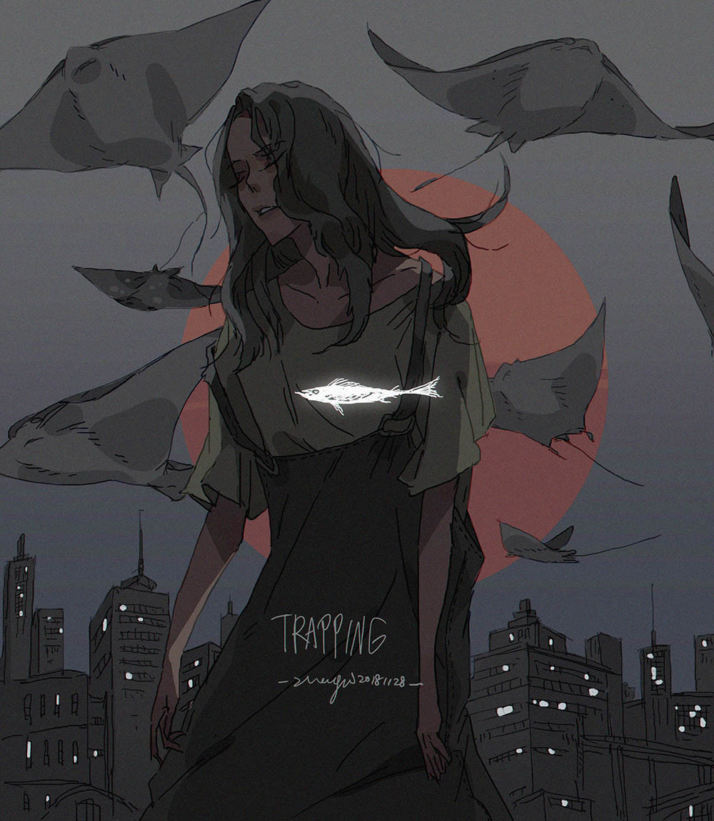 the image is a digital illustration of a young woman with long dark hair, standing in the middle of a city skyline. the woman appears to be trapped, with the city surrounding her like a cage. she looks lost in thought, her eyes gazing into the distance. there is a large orange sun setting in the background, and several fish silhouettes circling her. the image evokes a sense of loneliness, despair, and the struggle to find freedom. the word "trapping" is written in the lower center of the image.  the entire illustration is rendered in a dark, moody, and atmospheric style.