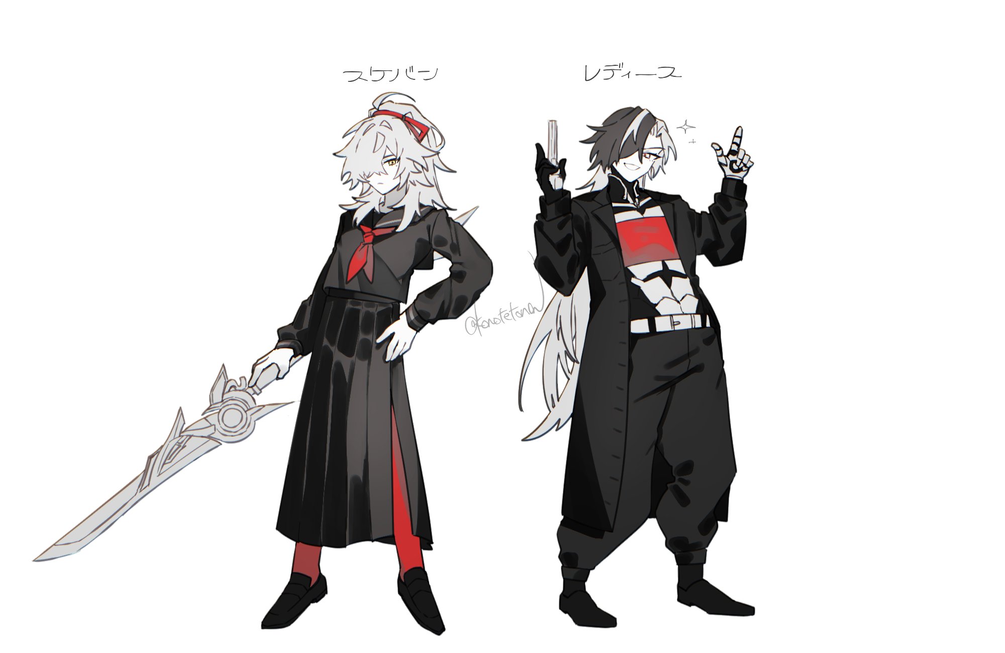 a digital drawing of two anime characters, one a girl and one a boy. the girl is wearing a black and red school uniform and holding a large silver sword in her hand. she has long white hair with a red ribbon. the boy is wearing a black jacket and black pants with a red band around his chest. he is holding a gun in his hand and has long white hair. they are both standing in a pose. the background is white.