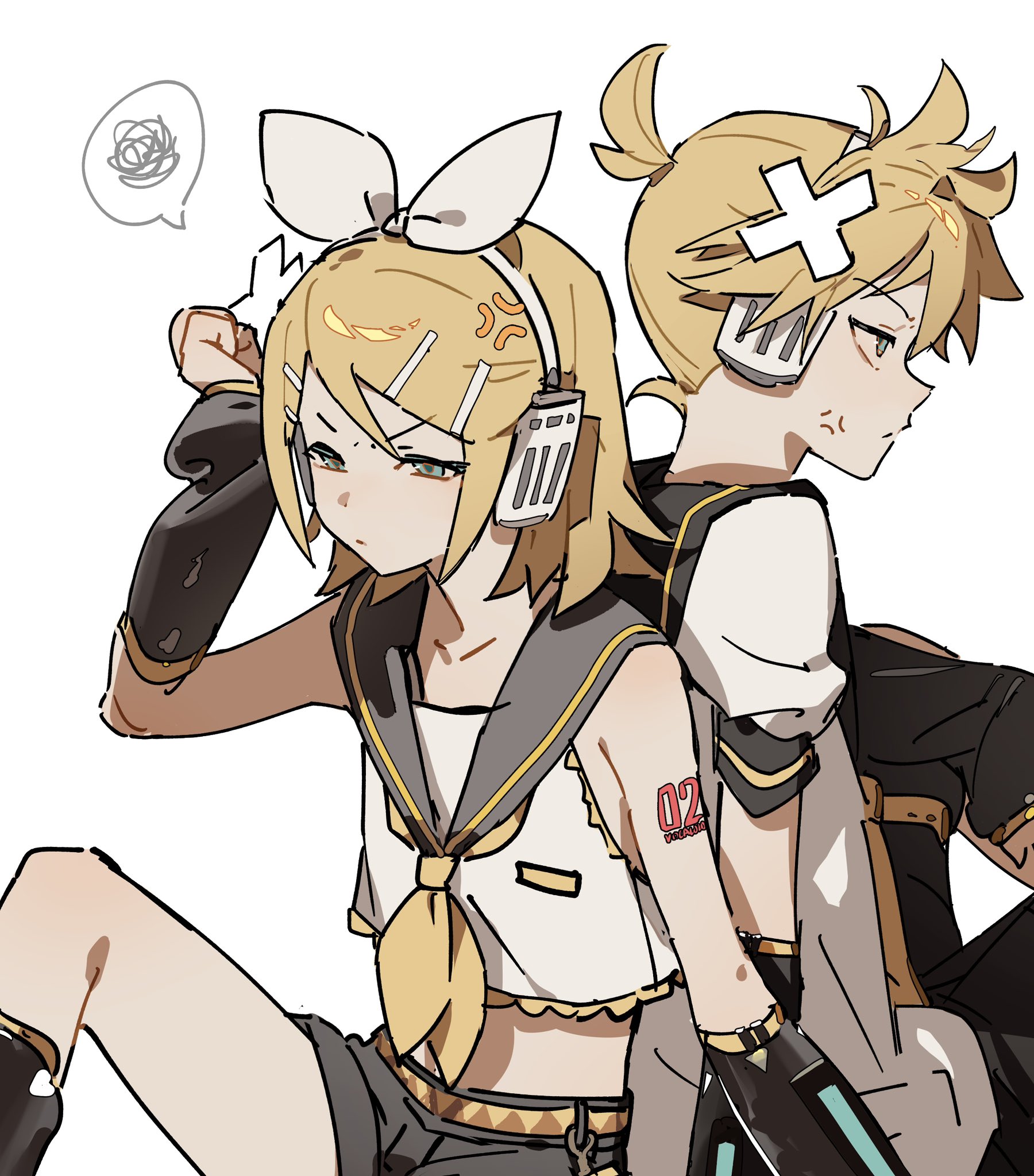 the image shows animestyle characters rin and len kagamine, who are vocaloid twins. rin is looking annoyed, with an angry expression and a thought bubble above her head indicating frustration. len is beside her, turned away with a neutral expression. they both have yellow hair and are wearing headphones.