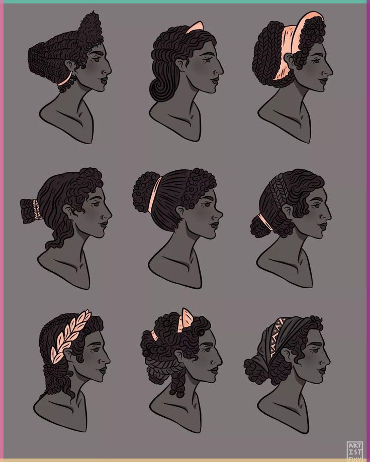 the image features a chart of nine different ancient greek hairstyles on women with curly hair. each is a head and shoulder portrait, showcasing the different updos, braids, headbands, and other hair accessories. they are presented in three rows of three portraits each. the colors are muted gray with pink accents for the accessories.