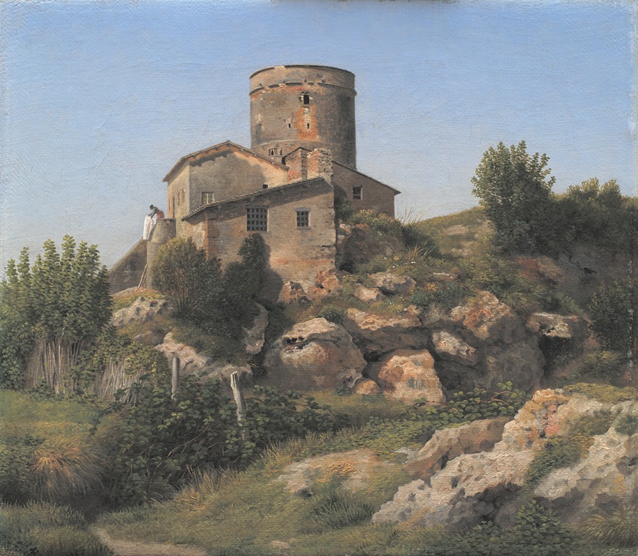 this painting depicts a stone building with a cylindrical tower on a rocky hill, surrounded by greenery and under a light blue sky. a person is seen on a ladder leaning against the building's wall. rocks and various types of foliage cover the foreground and middle ground, creating a natural, rural landscape.
