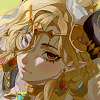 a cartoon girl with long blonde hair and blue eyes. she is wearing a white dress and has gold jewelry. she looks thoughtful. the background is white with a golden glow.