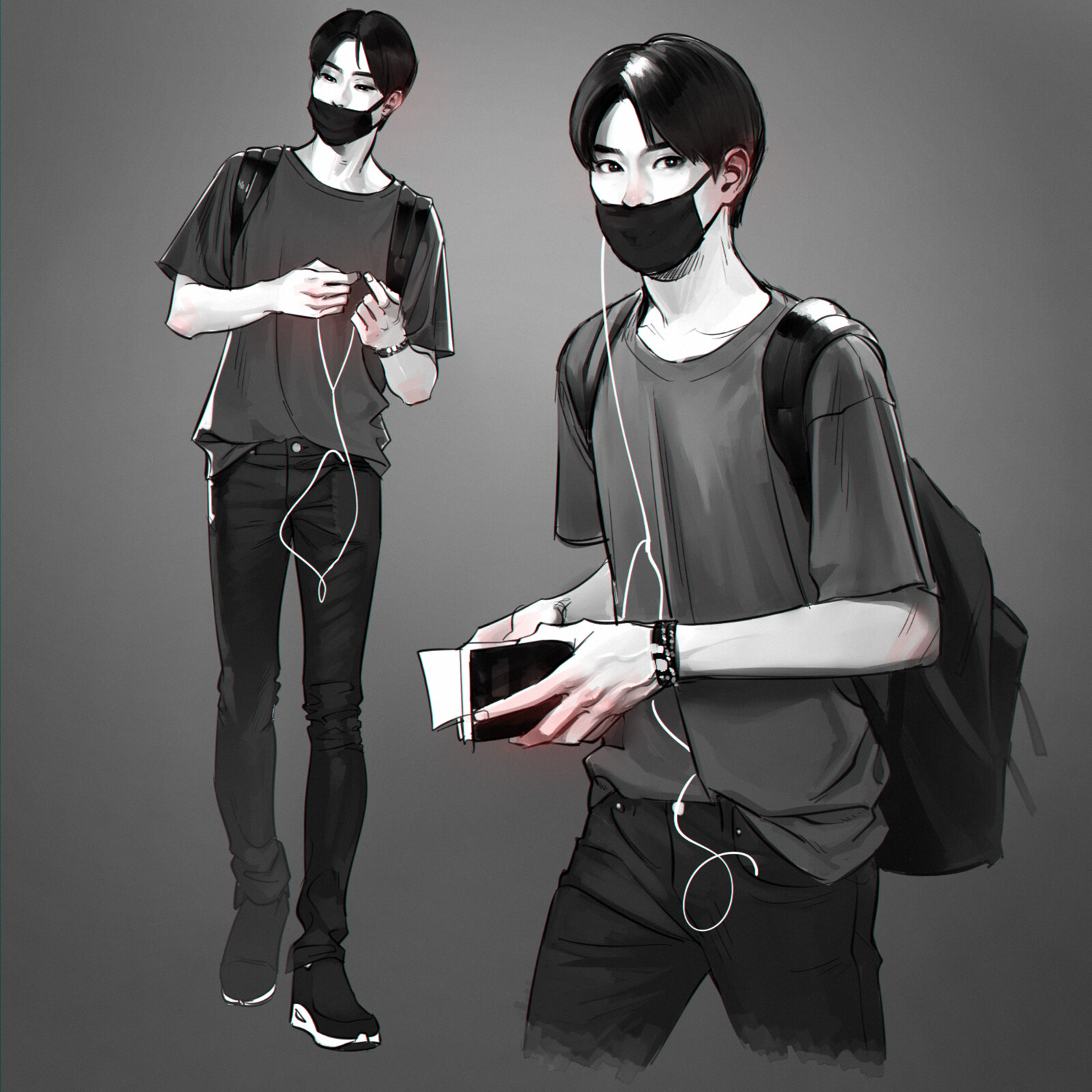 a grayscale digital illustration of a young man, likely a kpop idol, dressed in casual airport fashion. he is wearing a black mask, a loose gray tshirt, black pants, and carrying a backpack. he holds a phone and passport in one hand and earphones in the other. the background is a simple gray tone. the style of the illustration is somewhat sketchy and expressive.