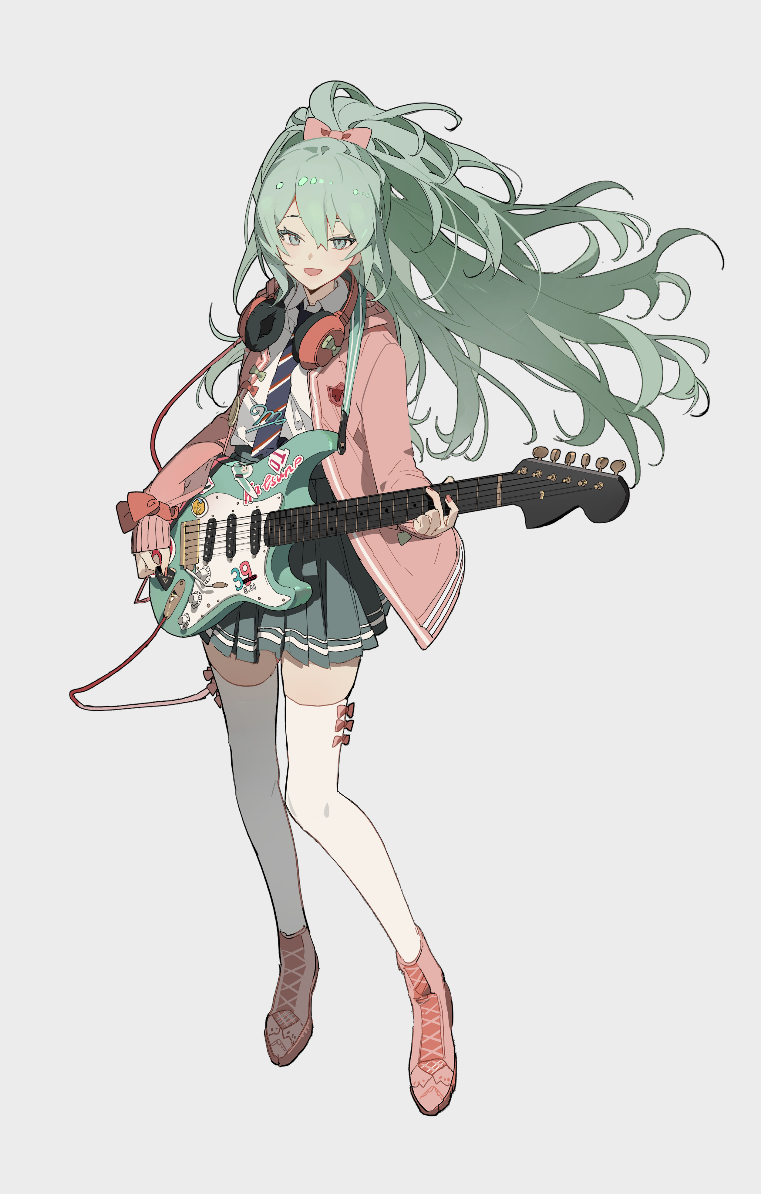 he image is a fullbody illustration of an animestyle girl with long, flowing teal hair pulled back into a ponytail. she is wearing a pink cardigan, a white collared shirt with a dark blue tie, a mint green pleated skirt, gray overtheknee socks, and pink boots with laces. she's playing a teal electric guitar with stickers on it. headphones hang around her neck, and she has a generally happy expression. the style is soft and slightly pastel, with a focus on the character's cuteness and charm. the background is plain, focusing attention on the character.