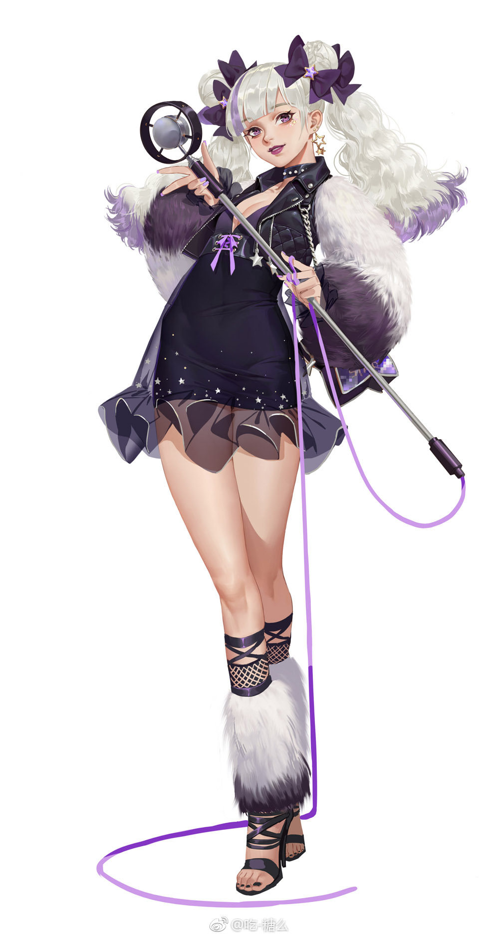 young woman, likely a pop star or idol, stands confidently in a studio setting. she's dressed in a stylish, predominantly black outfit with white fur accents. her attire suggests a jpop or kpop aesthetic. she's holding a microphone attached to a long cord, indicating she's about to or has finished a performance. her confident pose and trendy outfit are highlighted by the bright lighting.
