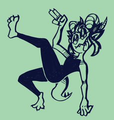 a blackandwhite stylized drawing of a mischievouslooking demon character against a green background. they have horns, sharp teeth, and a tail. they're posed with their legs splayed, one hand raised, and a large grin, suggesting playful energy.