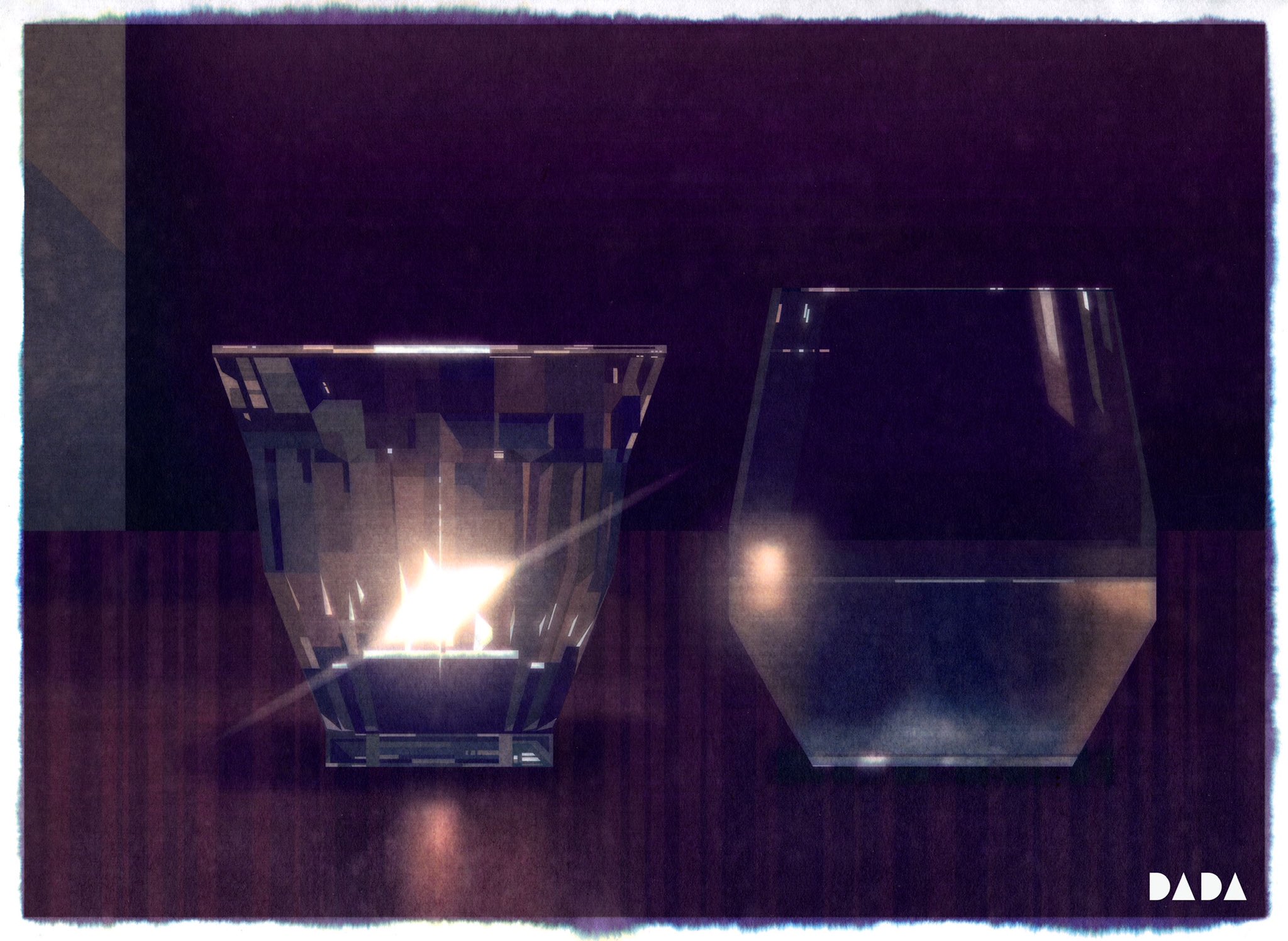 the image shows two glasses on a dark wooden table. the glass on the left is a faceted crystal glass with a light shining through it, creating a bright reflection. the glass on the right is a clear glass partially filled with water. the background is a dark, blurry purple. the bottom right corner has the 'dada' logo.