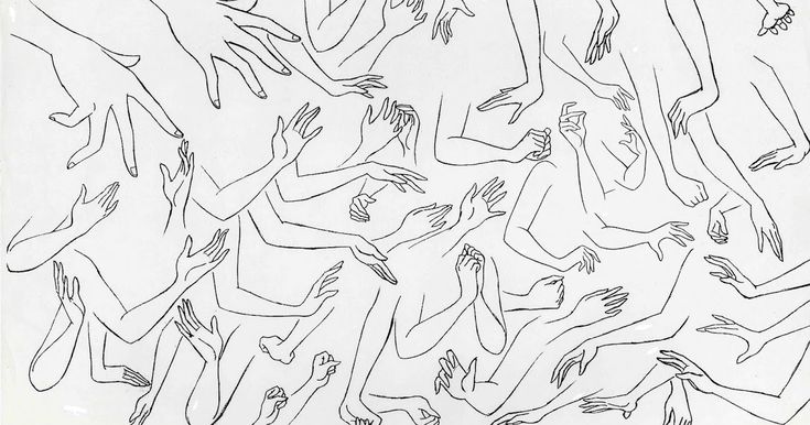 a black and white line art drawing of multiple hands and arms. the drawing is abstract and has no defined figure, but shows a pattern of hands and arms reaching toward each other.  the drawing is simple and minimalist and creates a sense of movement and energy.