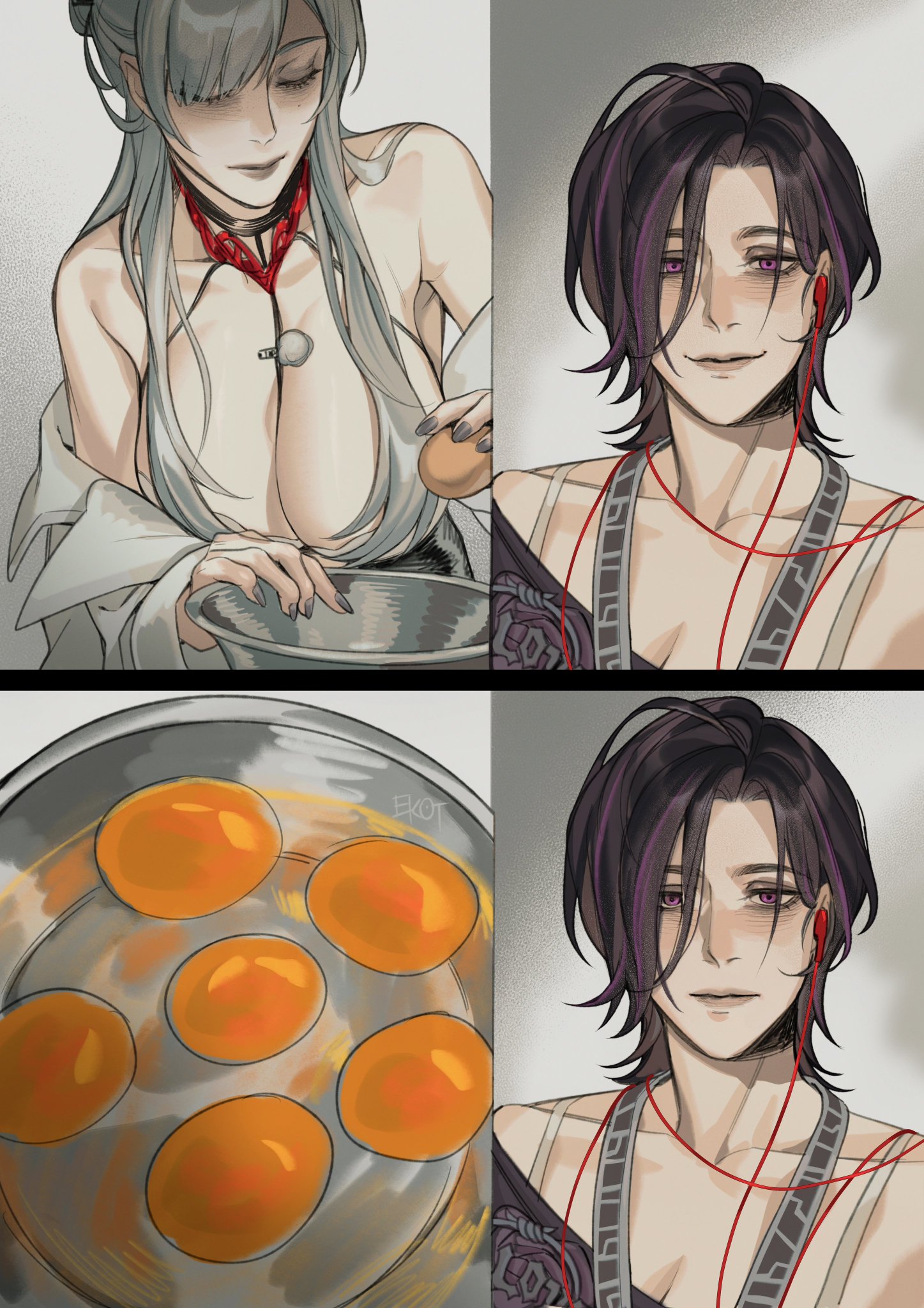 this is a digital art illustration of two anime girls. the first girl is wearing a white lab coat and is holding a bowl of eggs. she has white hair and is wearing a red string around her neck. the second girl has long black hair with a red string going behind her neck and is wearing headphones. she has a friendly look and has a slight smile on her face. both girls are looking at the viewer. the art style is simple and realistic, with a light color palette.