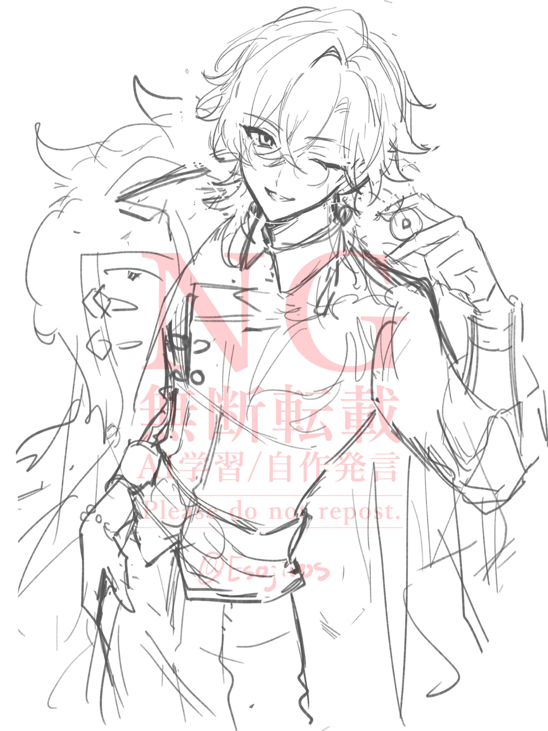 the image is a pencil sketch or digital line art drawing of an animestyle male character. he has long, lightcolored hair, is wearing glasses, and a sophisticatedlooking outfit that seems to be inspired by historical clothing.  he has a subtle smirk on his face, and is holding what looks like a small circular object.  the drawing style is loose and sketchy, showing the process of character design. a watermark in a light pink tone across the artwork indicates the artist's name and a "do not repost" instruction. the background shows additional sketch lines suggesting possibly additional character elements or refinement of the current character design.