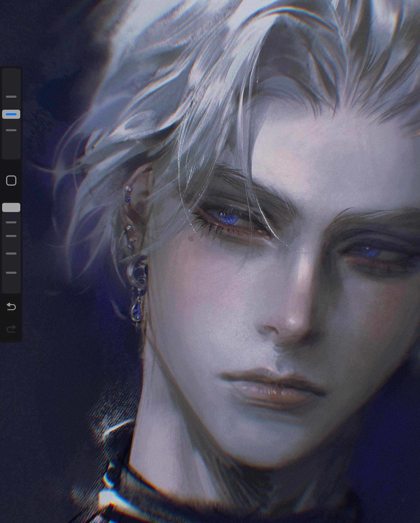 a digital painting of a young man with striking blue eyes and white hair. he has delicate features and wears a silver earring with blue stones. the background is dark and abstract, creating an ethereal and otherworldly atmosphere. the lighting is soft and focused on the subject's face, highlighting his features.