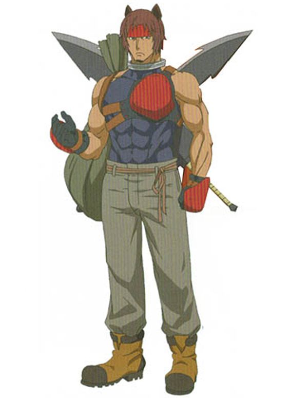 this image shows a male anime character with a red headband, red and blue armor, and a sword. he is also wearing dark grey pants and boots. the background is white. he is standing and looking to the left, with a serious expression.  the character appears to be a warrior or fighter.