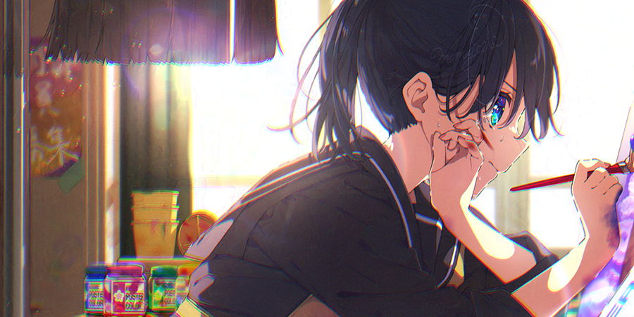 the image is a digital illustration in an anime style depicting a young girl with dark blue hair in a ponytail, wearing a dark school uniform. she's sitting at a table near a window, bathed in sunlight. she appears to be painting or drawing, and tears stream down her face, suggesting sadness or emotional distress.  the setting appears to be a room in a house or perhaps a school.  several small containers of what seems to be poster paint are visible on the table next to her.  the overall mood is melancholic and introspective.  the art style is highly detailed and features vibrant colors, particularly in the lighting effects.