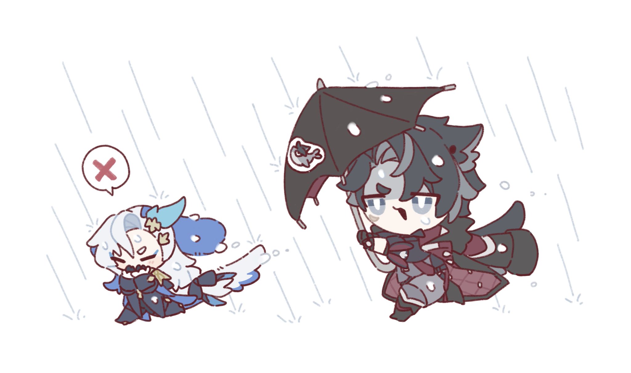 cute chibi fanart illustration of ganyu and albedo from genshin impact in the rain. ganyu is getting wet and is labeled with a big red x, while albedo is under an umbrella. both characters are drawn in a chibi style, with exaggerated features and proportions. the art style is soft and pastel.