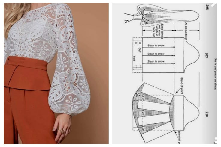 the image shows a woman wearing a white lace blouse with puffed sleeves, paired with highwaisted rustcolored pants. to the right is a sewing pattern diagram for creating the puffed sleeves.