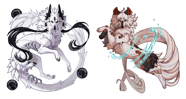 the image showcases two stylized kitsune, mythical japanese fox spirits, in contrasting styles. on the left, a white kitsune embodies darkness, surrounded by black orbs and thorny vines. its fur flows with ethereal grace. on the right, a creamcolored kitsune, adorned with splashes of blue and red, embodies light. water swirls around it, emphasizing its connection to the element. the image beautifully captures the duality often associated with these mystical creatures.