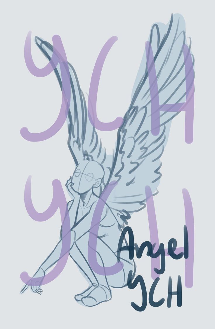 this is a digital sketch of a winged angel sitting with its arms crossed. it is an outline sketch and labeled with ych. the angel's wings are visible, and its body is drawn in a relaxed pose. the wings have a lot of detail.