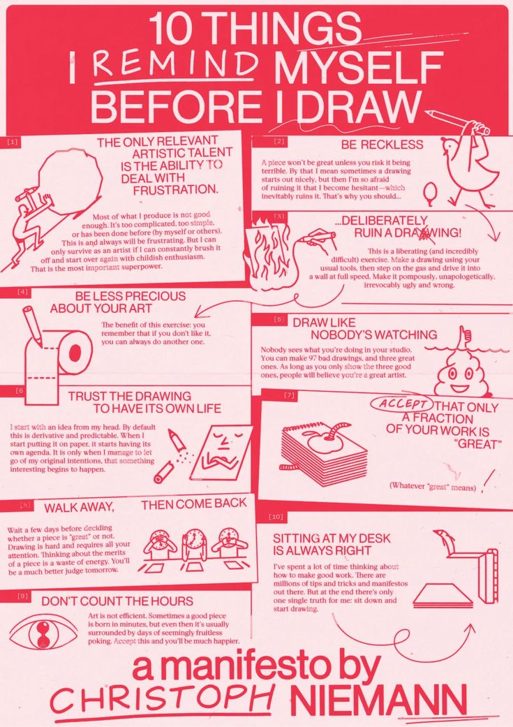the image is a manifesto by christoph niemann titled "10 things i remind myself before i draw". it is a red and white poster with ten illustrated points offering advice and insights about the artistic process and mindset. the points cover topics like dealing with frustration, being reckless, ruining drawings deliberately, being less precious about art, drawing like nobody's watching, accepting that only a fraction of work is great, trusting the drawing, walking away then coming back, not counting the hours, and sitting at the desk. each point is accompanied by a simple cartoon illustration.