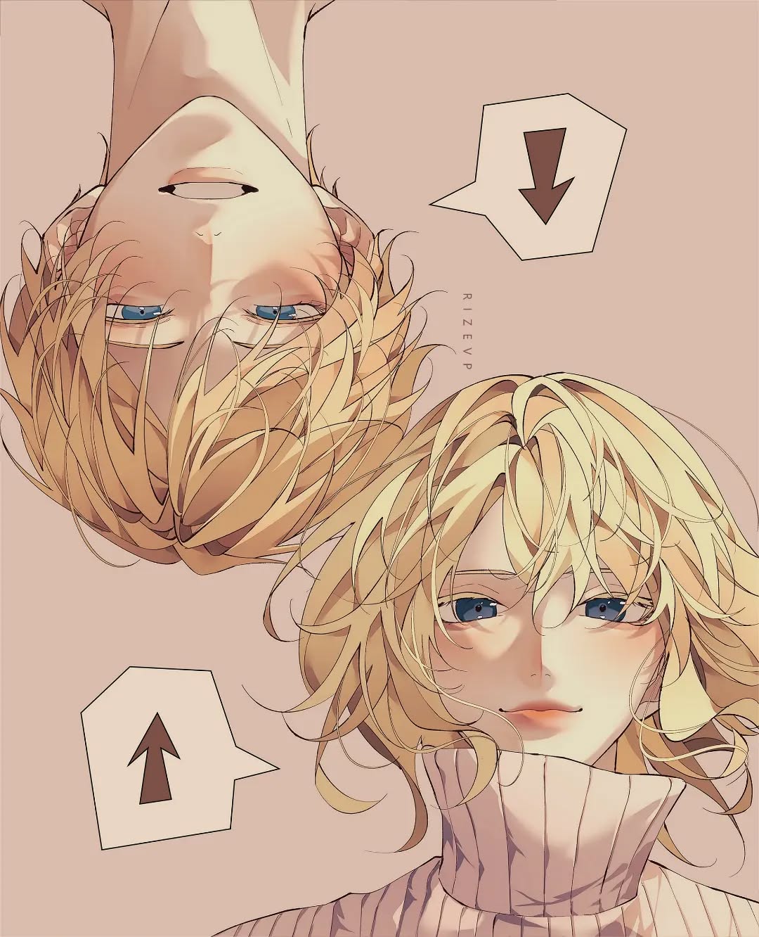 the image is a digital illustration in an anime/manga style. it depicts a young man with blond hair and blue eyes hanging upside down, and a young woman with similar features looking up, positioned such that their heads are almost touching.  both have soft, pastelcolored hair and skin tones. speech bubbles with arrows pointing up and down are placed near them, suggesting an opposition or contrast between their positions. the overall mood is peaceful, romantic, and aesthetically pleasing. the artist's signature, "rizevp", is subtly included in the artwork.