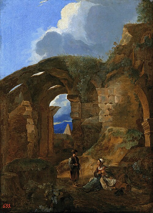the image is a painting depicting a landscape with ancient roman ruins. the ruins consist of crumbling arches and stone structures, partially overgrown with vegetation. in the foreground, there are two figures: a standing man holding a stick and a woman reclining on the ground. in the background, visible through the arches, there is a pyramid and mountains under a sky with clouds.