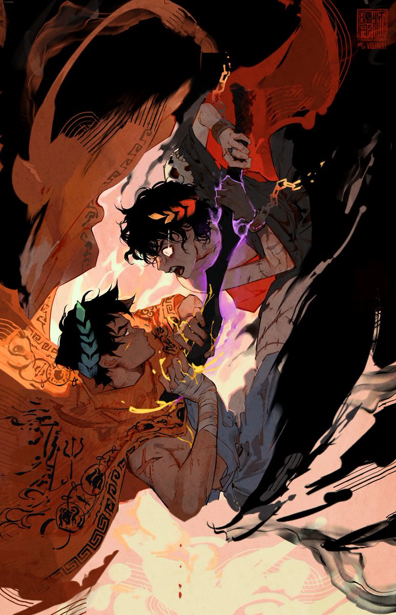the image is a stylized illustration depicting a dramatic confrontation between two male characters, likely zagreus and hades from the video game "hades." zagreus, on the left, appears to be facing his father, hades, on the right. the scene is filled with dynamic energy, featuring elements of darkness and light, with bold colors and contrasting shades. there are clear indications of a struggle or conflict, with jagged lines, chaotic shapes, and expressive character designs. the art style is reminiscent of greek mythology and dark fantasy, suggesting a supernatural element to the scene.